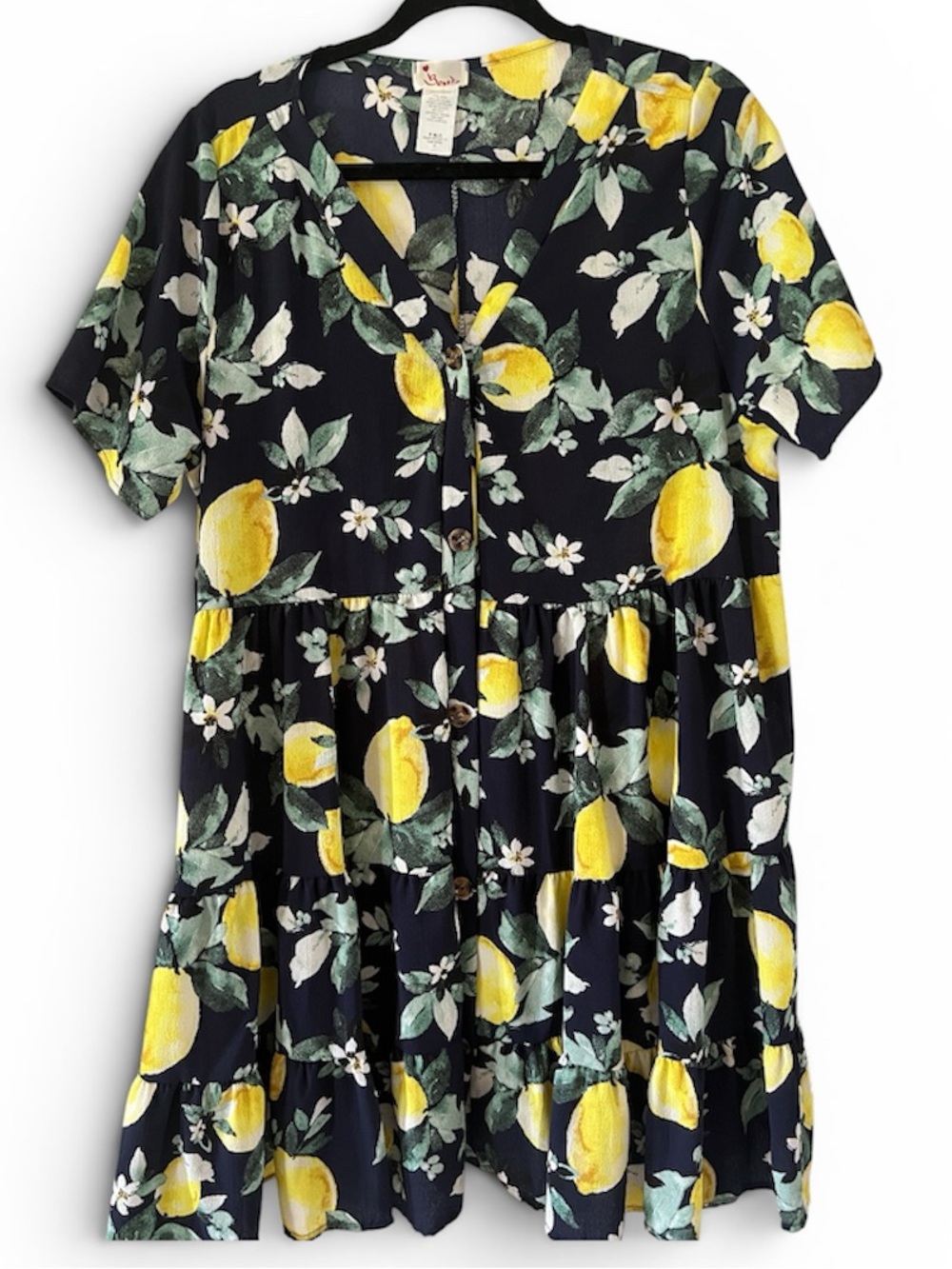 Lemon Print Tiered Button Front Dress - Navy & Yellow